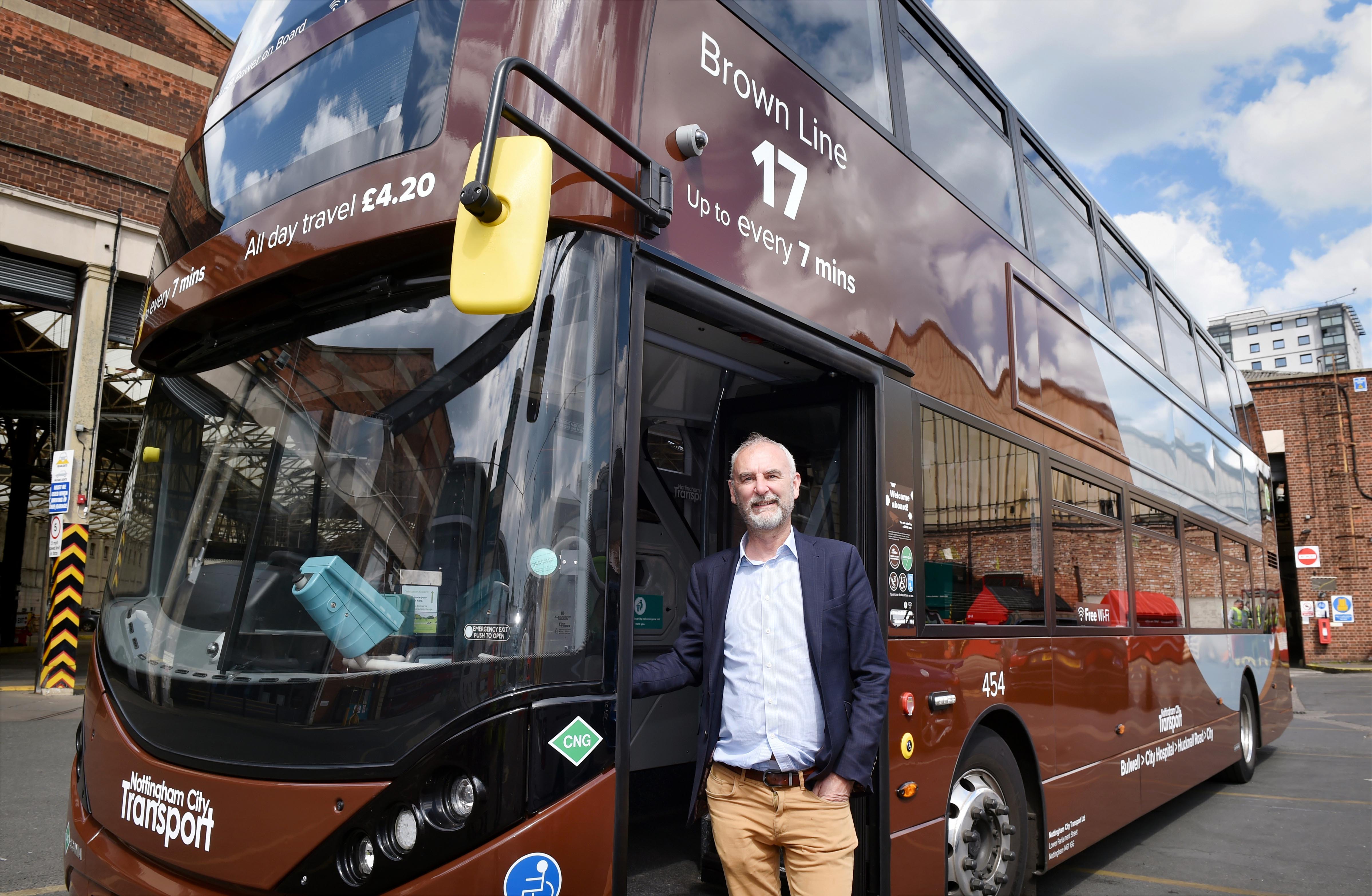 David Hurren, Chairman of TSC 9, BCGA’s Gaseous Fuels Committee, with a biogas powered bus from the NCT fleet