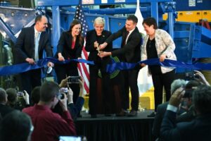 From left to right: INL Director John Wagner, BFNUF Director Lynn Wendt, U.S. Secretary of Energy Jennifer Granholm, Senior Advisor for Energy Efficiency and Renewable Energy Jeff Marootian and Bioenergy Technologies Office Director Valerie Reed cut the ribbon on the Biomass Feedstock National User Facility.