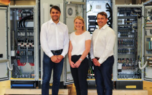 (l-to-r) Felix Grünwald, MD UNTHA e-technology, Andrea Gratzer, CFO UNTHA shredding technology and MD UNTHA e-technology, and Alois Kitzberger, CEO UNTHA shredding technology, at the UNTHA e-technology headquarters in Golling C UNTHA shredding technology GmbH)