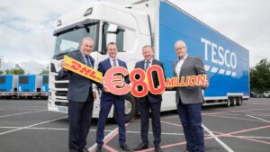 f.l.t.r.: Ciaran Foley, managing director, DHL Supply Chain; Ian Logan, retail support and distribution director, Tesco; Mick Kelly, operations excellence director, DHL Supply Chain (Ireland); Alan Reville, head of transport, Tesco